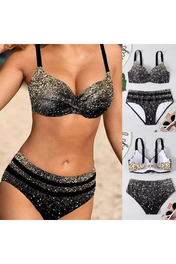 Two Piece Bikini for Women Clearance Plus Size Women Sexy Color Block Point Sparkle Printing Backless Bikini Two Piece Swimwear Swimsuit