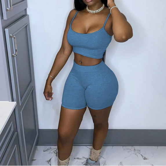 Dihao Two Piece Yoga Sets for Women Clearance Plus Size Ladies Solid Color Sleeveless Crop Camisole Cycling Shorts Suit Work Out Sets on Promotion