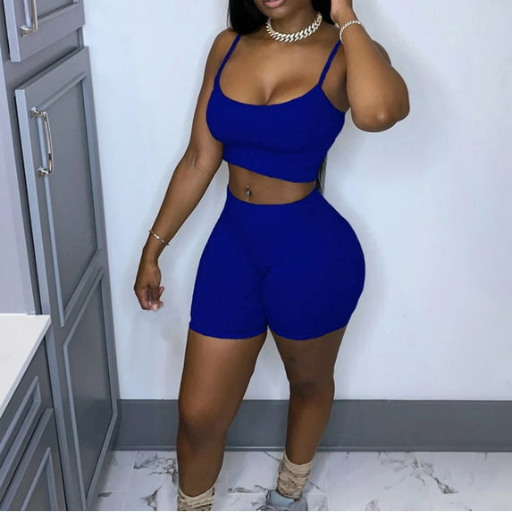 Dihao Two Piece Yoga Sets for Women Clearance Plus Size Ladies Solid Color Sleeveless Crop Camisole Cycling Shorts Suit Work Out Sets on Promotion