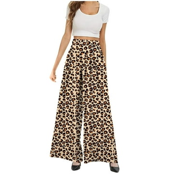 Dihao Wide Leg Pants for Women Plus Size Womens Boho Pants Pleated Leopard Print Color Block High Waist Beach Pants Bikini Cover up Pants Elastic Soft Baggy Trousers