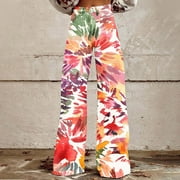 DIHAO Wide Leg Pants for Women Plus Size Womens Pants Causal Elastic High Waist Baggy Straight Fake Imitation Jeans with Pockets Floral Breathable and Absorbent Pants