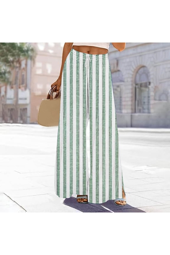 Wide Leg Pants for Women Plus Size Color Stripe Loose Casual Sports Wide Leg Pocket Pants with Drawstring Knot Baggy Fashion Flared Trousers