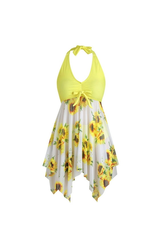 Women Plus Size Two Piece Swimsuit Sunflower Print Swimsuit with Built in Bra On Clearance