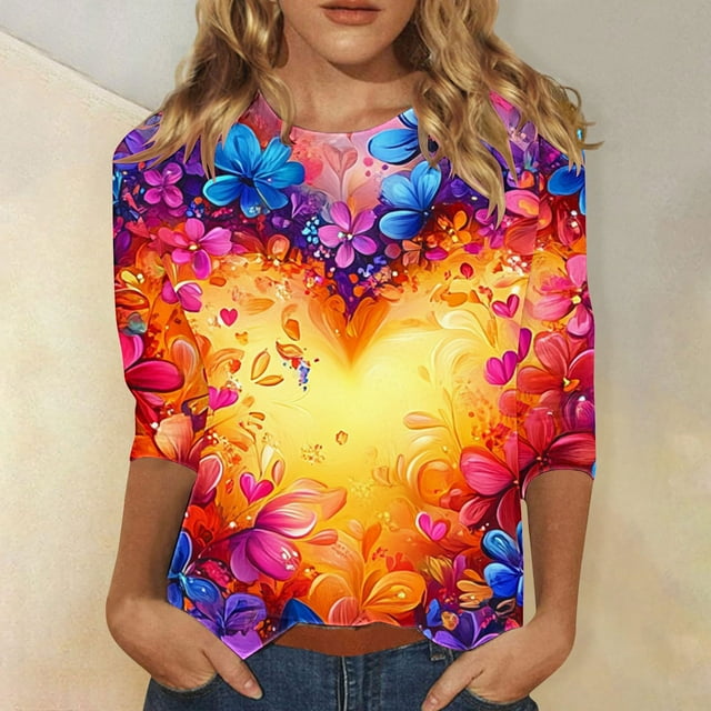 Dihao Women Tops 3/4 Sleeve Plus Size Casual Round Neck Valentine's Day Love/Rose Printing Blouse Spring Summer Loose Fit Tops Basic Pullover Lightweight Trendy Outdoor Blouse