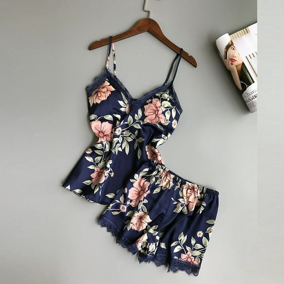 Dihao Womens Pajamas Set Silk Pajamas For Women Soft Satin Cami Short Pjs Set with Shorts 2 Piece Sleepwear Nightwear Sexy Lace Trim Boudoir Outfits