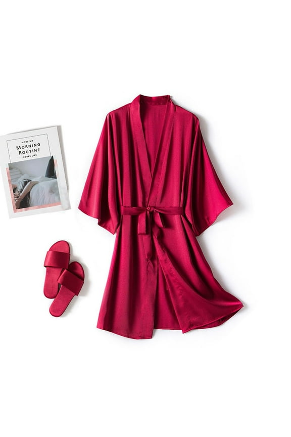 Womens Pajamas Women Robe Lightweight 3/4 Sleeve Knit Bathrobe Summer Soft Knee Length Sleepwear Robes V Neck Lace up Ruffled Short Pajamas Household Clothing Lounge