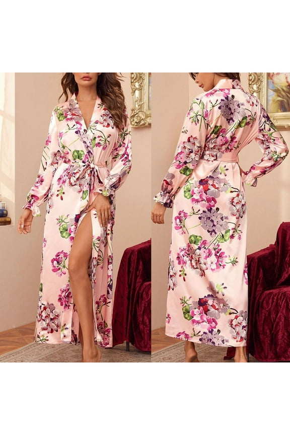 Womens Pajamas Women Robe Lightweight Long Sleeve Knit Bathrobe Summer Soft Long Sleepwear Robes V Neck Floral Satin Silk Pajamas Lingerie Robes Underwear Sleepwear