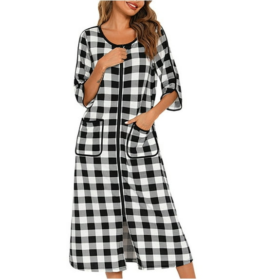 Dihao Womens Robes Women Robe Lightweight 3/4 Sleeve Knit Bathrobe Summer Soft Knee Length Sleepwear Robes with Side Pockets Check Printed O Neck Zipper Nightgown Loose Pajamas