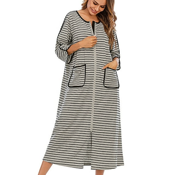 Dihao Womens Robes Women Robe Lightweight 3/4 Sleeve Knit Bathrobe Summer Soft Knee Length Sleepwear Robes with Side Pockets Stripe Printed O Neck Zipper Nightgown Loose Pajamas