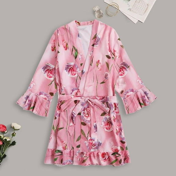 Dihao Womens Robes Women Robe Lightweight 3/4 Sleeve Knit Bathrobe Summer Soft Knee Length Sleepwear Robes V Neck Printing Satin Silk Pajamas Women Nightdress Lingerie Robes Underwear Lounge
