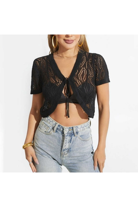 Womens Short Sleeve Crochet Knitted Bolero Shrug Top Cardigan Shrug Bride Wedding Lace Bolero Jackets for Women Short Sleeves Party Evening Dress Shrug Top