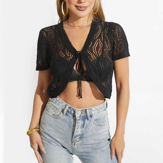 Dihao Womens Short Sleeve Crochet Knitted Bolero Shrug Top Cardigan Shrug Bride Wedding Lace Bolero Jackets for Women Short Sleeves Party Evening Dress Shrug Top