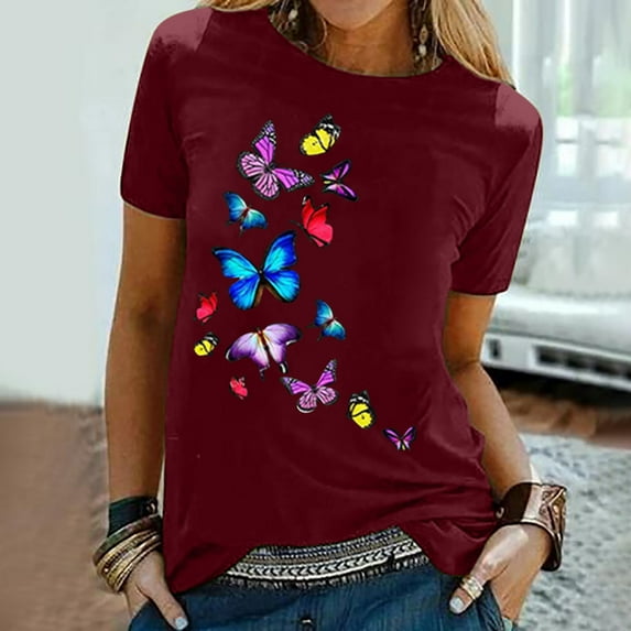 Dihao Womens Tees Plus Size Clearance Spring Summer Women's Favorite Graphic Tees Butterflies Printing Women's Round Neck Short Sleeve Daily Fashion T Shirt Loose Easy Match Tops Blouse