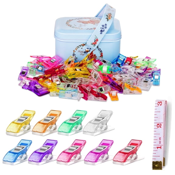 Dihmpor 100-Pack Sewing Clips with Storage Box & Tape Measure – Premium Multipurpose Quilting Clips with Guide Lines – Assorted Colors Plastic Fabric Clamps for Binding, Crafting, and Crochet