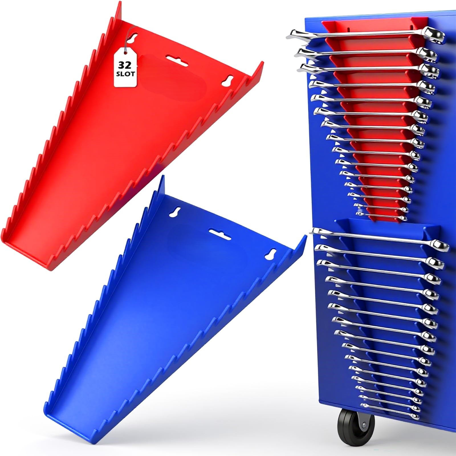 Dihmpor 2-Pack Magnetic Wrench Organizer, 32-Slot Premium Wrench Rack Holder Tool Trays for Toolboxes Drawer Storage, SAE (1/4 - 1-1/16) & Metric (6mm - 24mm)