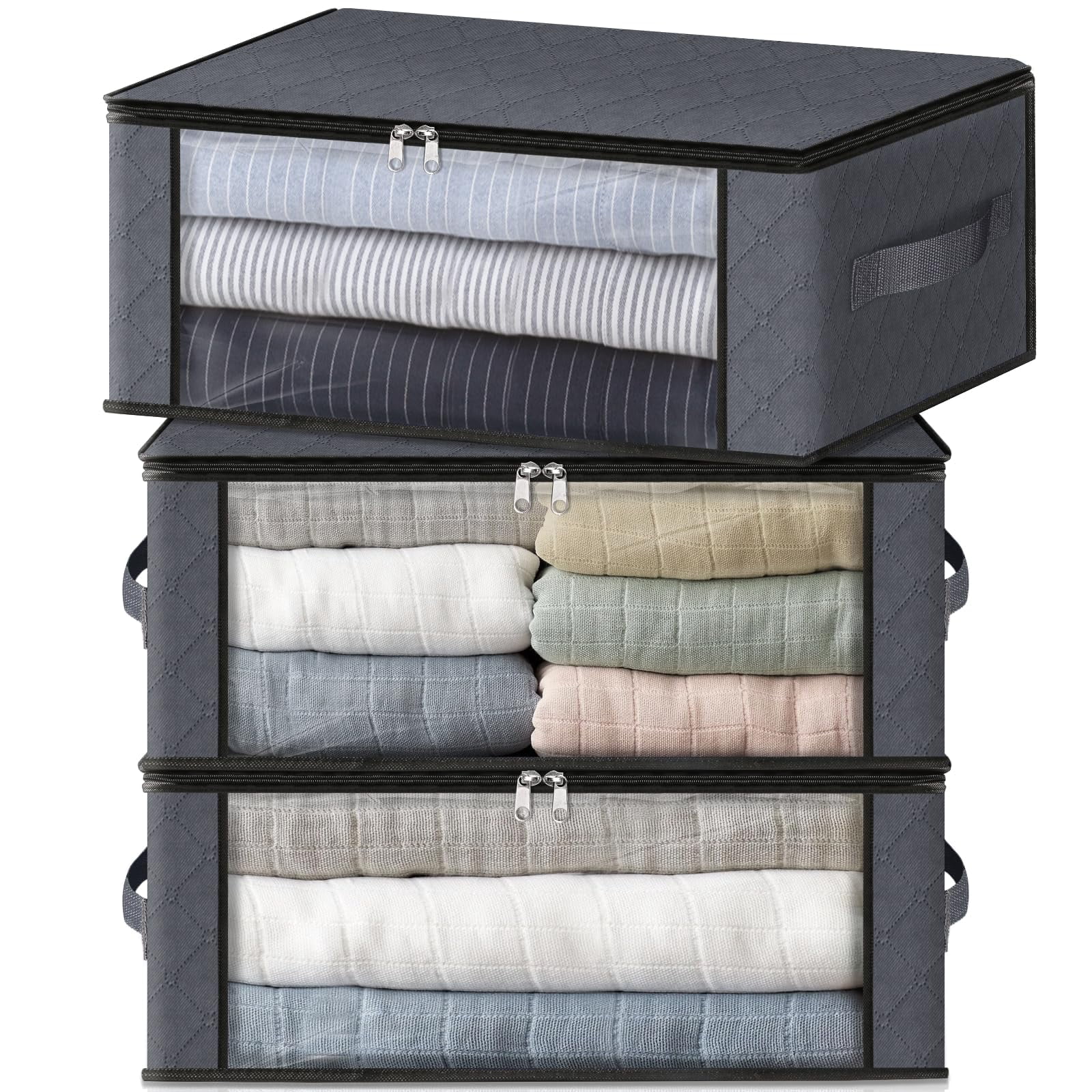 Dihmpor 3-Pack Foldable Clothes Storage Bags, 35L Closet Organizer Containers with Reinforced Handles & Clear Window, Breathable Gray Fabric for Bedding, Blankets, and Comforters