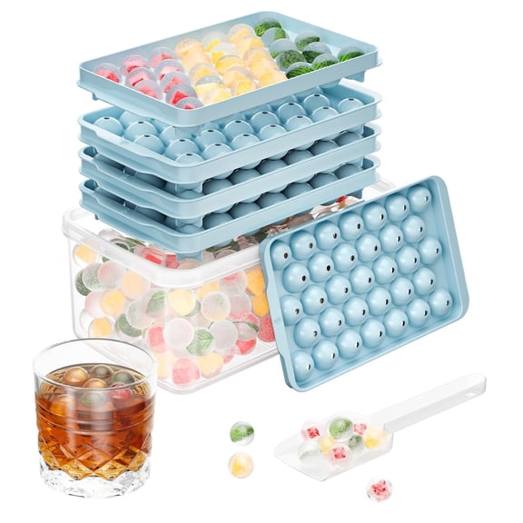 Dihmpor 3-Pack Round Ice Cube Trays with Storage Bin and Scoop, 99-Count Mini Sphere Ice Mold Set for Freezer, Stackable Circle Ice Maker for Cocktails and Coffee (Blue, 0.8 Inch)