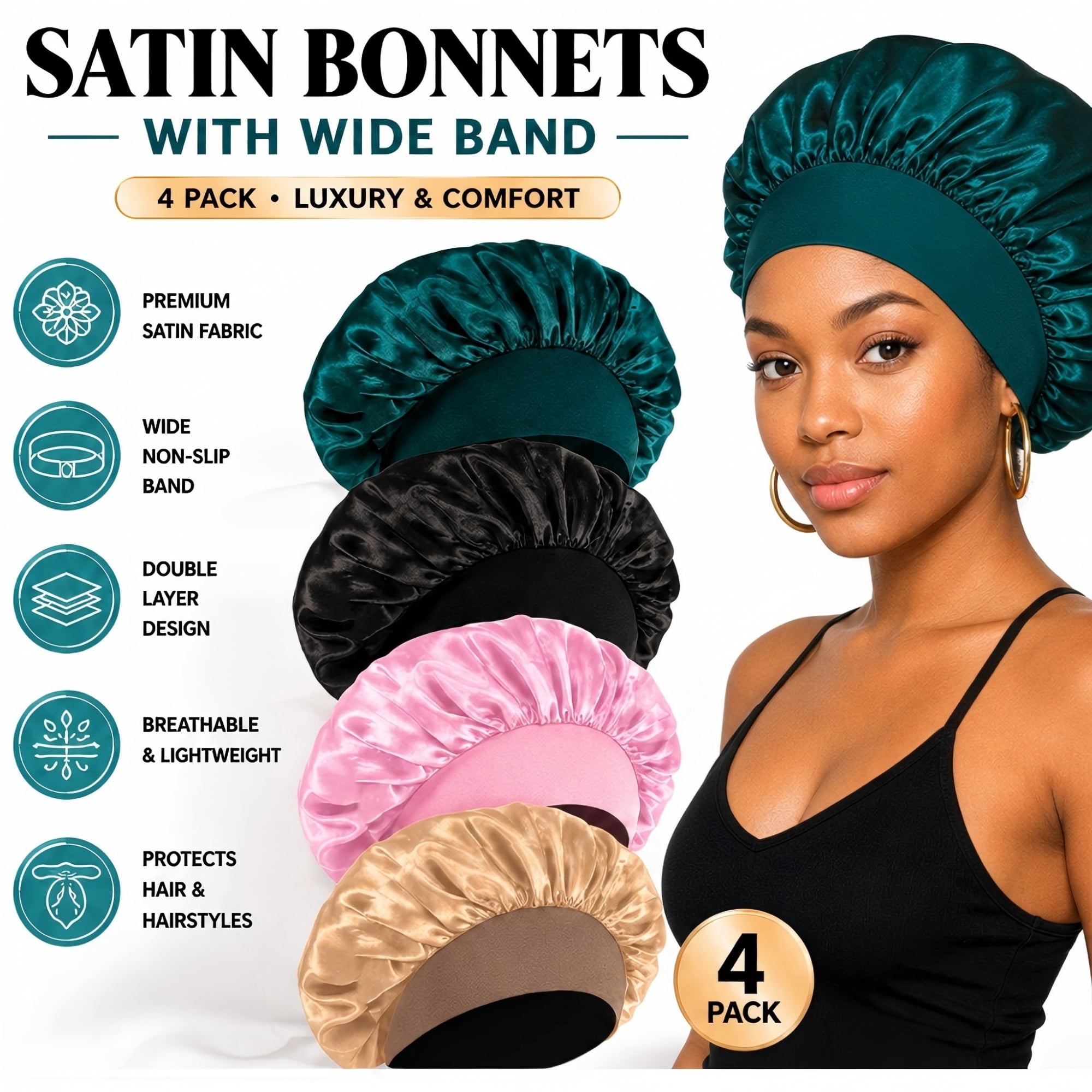 4PCS Silk Satin Bonnets for Black Women - Elastic Wide Band Hair Wrap Cap for Curly Hair - Shower Cap for Sleeping (Black, Peacock Blue, Pink, Khaki)