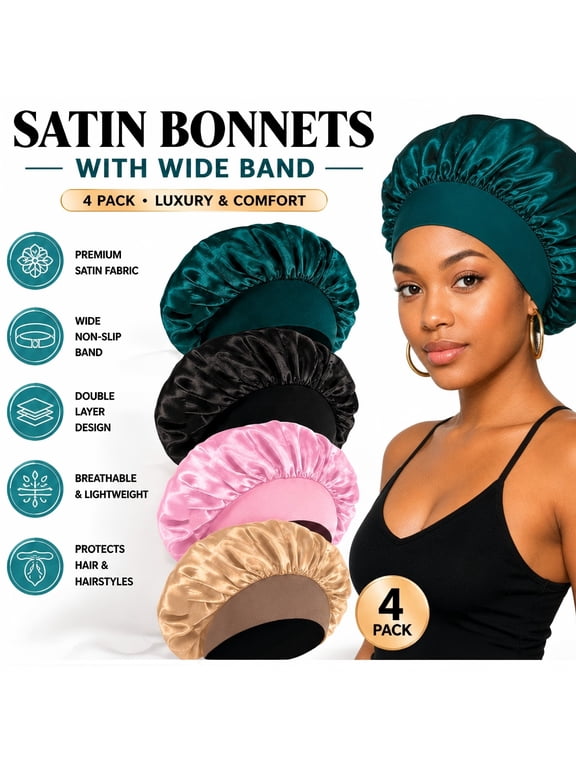 4PCS Silk Satin Bonnets for Black Women - Elastic Wide Band Hair Wrap Cap for Curly Hair - Shower Cap for Sleeping (Black, Peacock Blue, Pink, Khaki)
