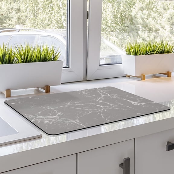 Dihmpor Coffee Bar Mat Dish Drying Mat - 16x24, PU Surface & Rubber Backed, Kitchen Countertop Protector, Quick Absorbent, Heat Resistant - Gray and White Marble
