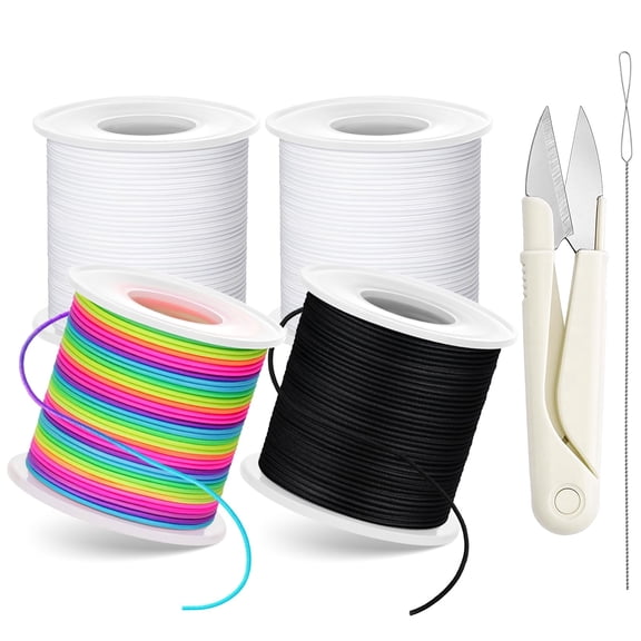 Dihmpor Stretchy Bracelet String Kit 660ft Elastic Cord Set with Scissors & Beading Needle 1mm Fabric Covered Rubber Thread for Jewelry Making, Beadwork & Sewing (Black, White, Rainbow)