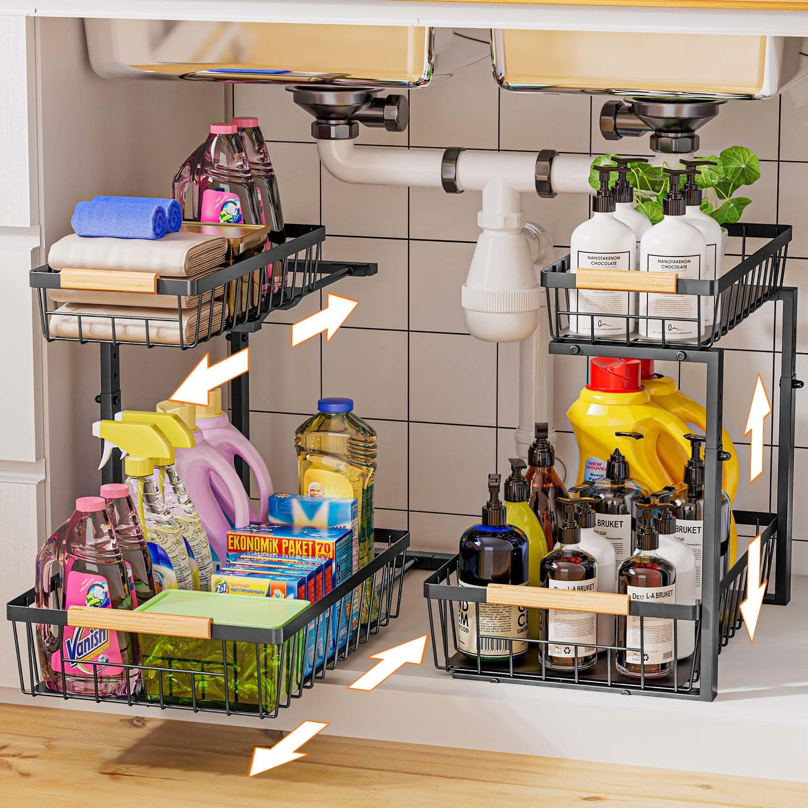 White Expandable Under Sink Organizer with Sliding Shelves