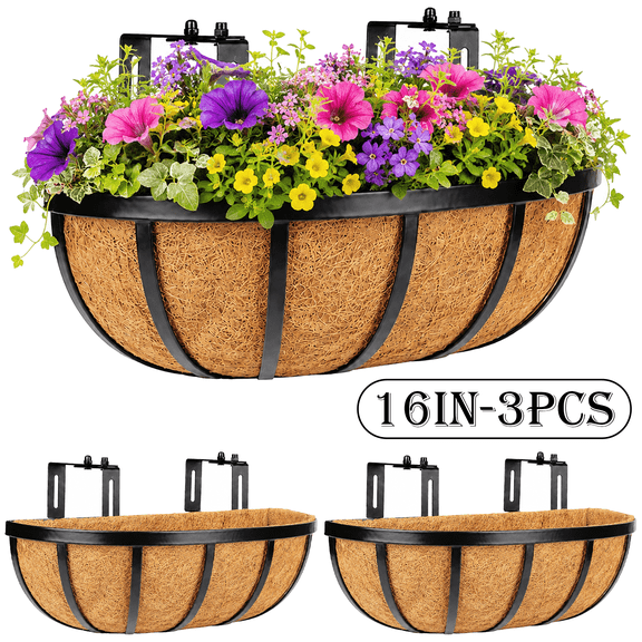Diigabo 3 Pack 16 Inch Heavy Duty Railing Planter Boxes with Coconut Coir Liners, Adjustable Metal Window Boxes, Hanging Flower Baskets for Outdoor Deck Fence and Balcony