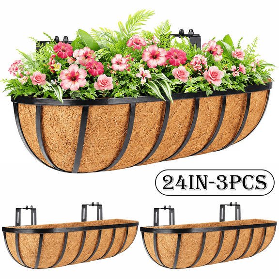 Diigabo 3 Pack 24 Inch Heavy Duty Railing Planter Boxes with Coconut Coir Liners, Adjustable Metal Window Boxes, Hanging Flower Baskets for Outdoor Deck Fence and Balcony