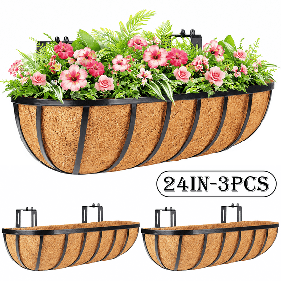 Diigabo 3 Pack 24 Inch Heavy Duty Railing Planter Boxes with Coconut Coir Liners, Adjustable Metal Window Boxes, Hanging Flower Baskets for Outdoor Deck Fence and Balcony