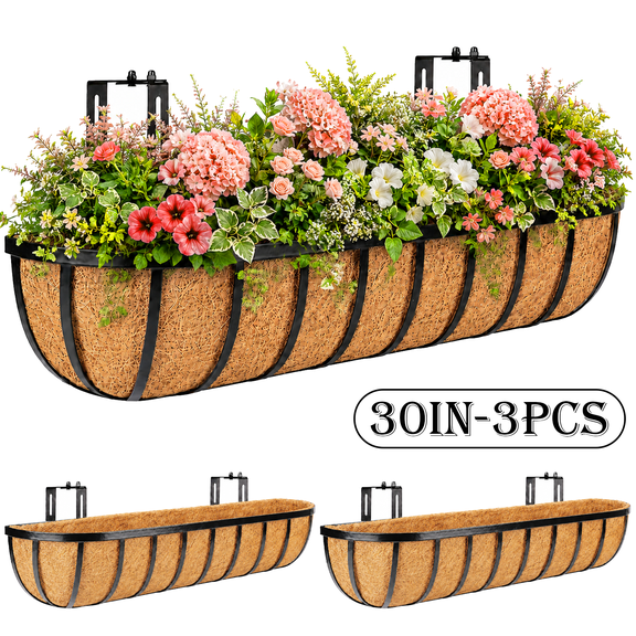 Diigabo 3 Pack 30 Inch Heavy Duty Railing Planter Boxes with Coconut Coir Liners, Adjustable Metal Window Boxes, Hanging Flower Baskets for Outdoor Deck Fence and Balcony