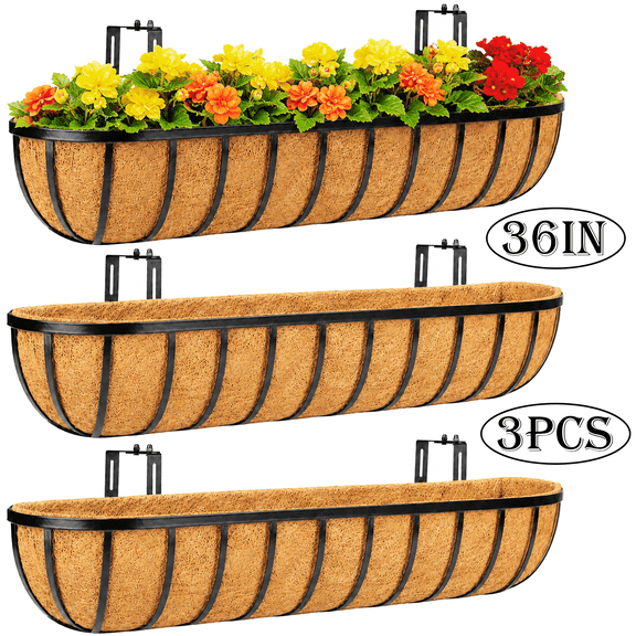 Diigabo 3 Pack 36 Inch Heavy Duty Railing Planter Boxes with Coconut Coir Liners, Adjustable Metal Window Boxes, Hanging Flower Baskets for Outdoor Deck Fence and Balcony