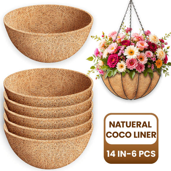 Diigabo 6 Pack 14 Inch Coco Liners for Planters, 100% Natural Round Coconut Coir Hanging Basket Replacement Liners for Flowers, Vegetables, Garden
