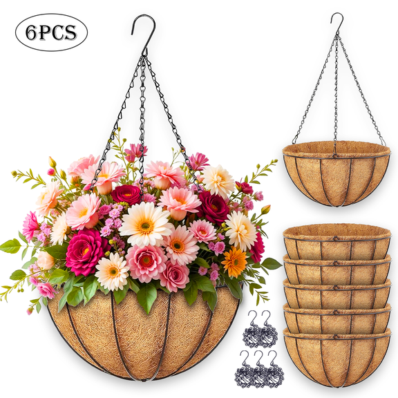 Diigabo 6-Pack Metal Hanging Planter 16-Inch Baskets Coconut Coir Liners Rustproof Iron Frame with Hook for Indoor Outdoor Porch Garden Decor