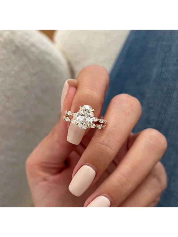 10K Vermeil Yellow Double Band Proposal Ring Brilliant Oval Cut Diamond Wedding Bridal Ring Moissanite Engagement Luxury Ring