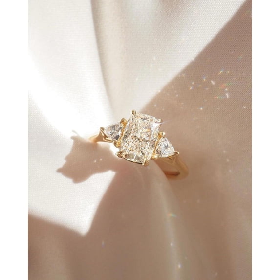 Diiro 14K Vermeil Yellow Gold Cushion Cut Moissanite Diamond Three Stone Engagement Ring with Trillion Side Stones, Jewelry Gift for Women