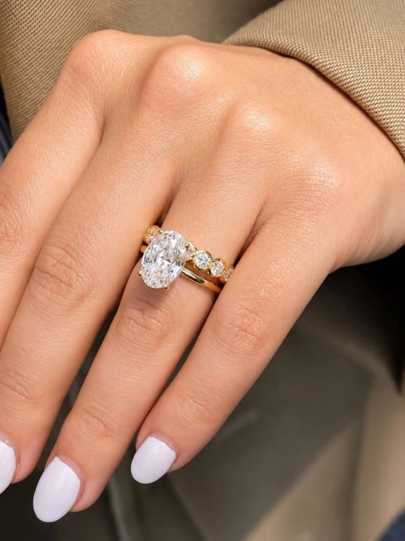 2 PC Antique Look Women's Oval Cut Moissanite Engagement Ring, 10K Yellow Vermeil Gold Ring, Hidden Halo Ring