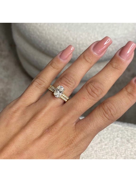2 PC Oval Cut Moissanite Engagement Ring, 14K Vermeil Yelllow Gold Double Band Bridal Wedding Ring, Sparkling Oval Promise Anniversary Ring