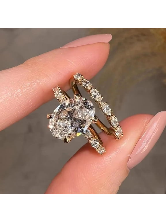 2 Pc Oval Cut Diamond Engagement Ring Set for Women, Vermeil 10K Yellow Gold Ring, Marquise & Round Diamond Stackable Wedding Band, Bridal Promise Ring