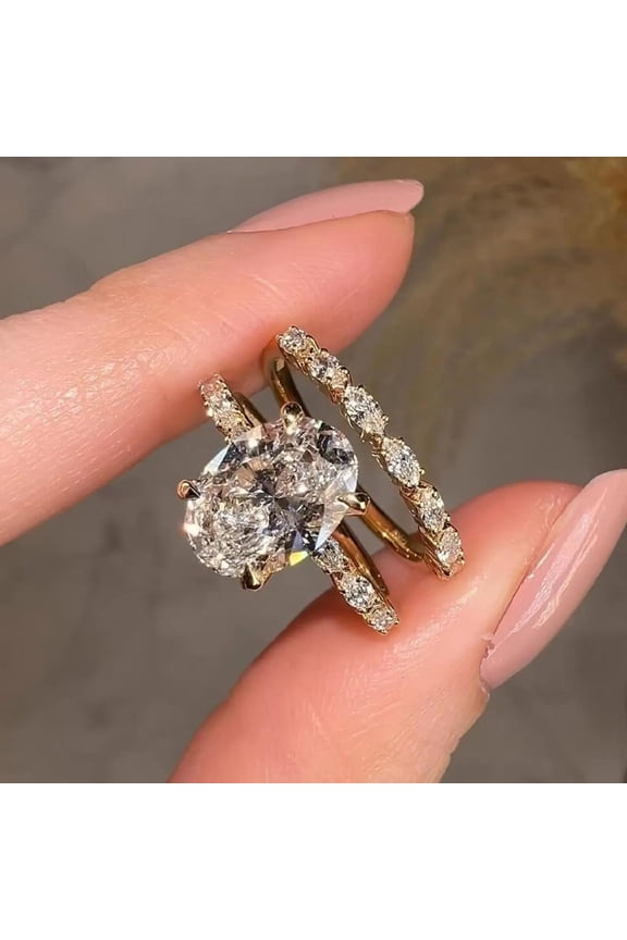 2 Pc Oval Cut Diamond Engagement Ring Set for Women, Vermeil 10K Yellow Gold Ring, Marquise & Round Diamond Stackable Wedding Band, Bridal Promise Ring