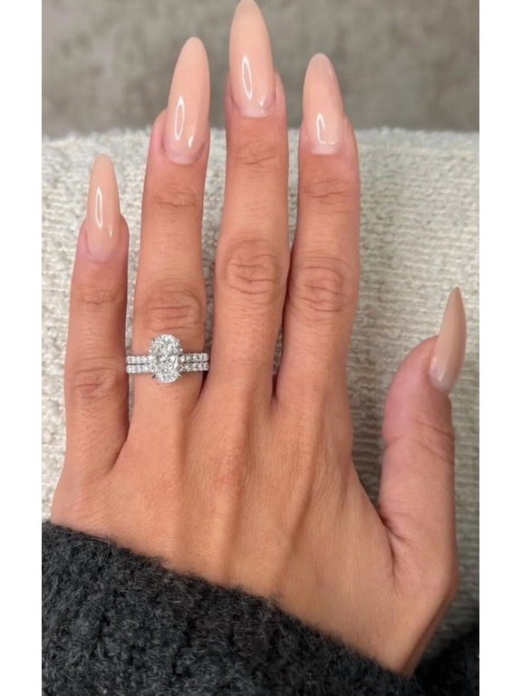 2 Pc Oval Moissanite Engagement Ring for Women, Double Halo Bridal Ring with Side Stones, Sparkling Wedding Ring