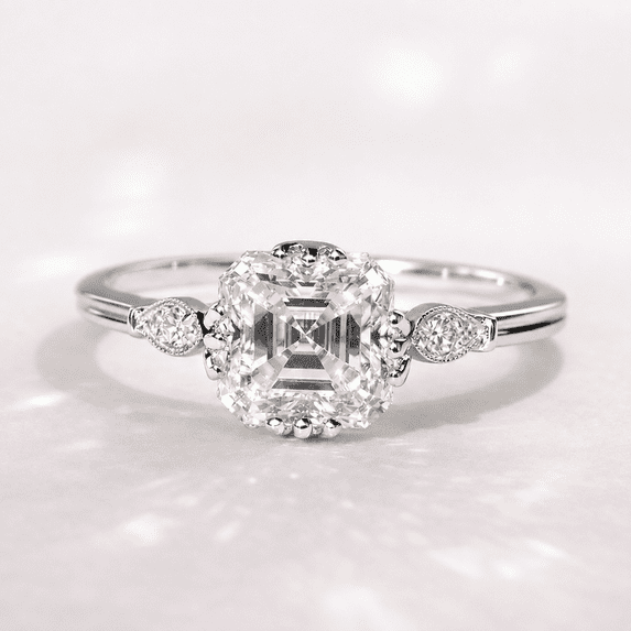 Diiro Asscher Cut Ring, 925 Sterling Silver, Moissanite Engagement Ring for Women, Bezel Side Stone Promise Ring, Solitaire Wedding Ring