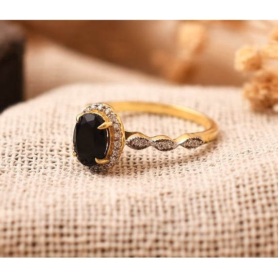 Diiro Black Oval Cut Ring, Engagement Halo Ring, Vermeil Yellow Gold, Milgrain Style, Luxury Fashion Jewelry, Anniversary & Proposal Ring