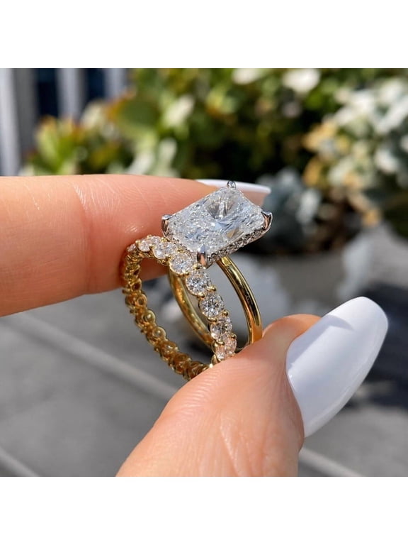 Brilliant 2PC Radiant Cut Wedding Ring Set for Women, 10K Vermeil Yellow Gold Engagement Ring with Pave Band, Bridal Set Gift