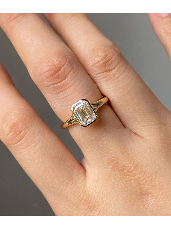Classic Emerald Cut Moissanite Diamond Solitaire Ring, 14K Vermeil Yellow Gold Bezel Set Cathedral Ring, Timeless Elegant Design for Women
