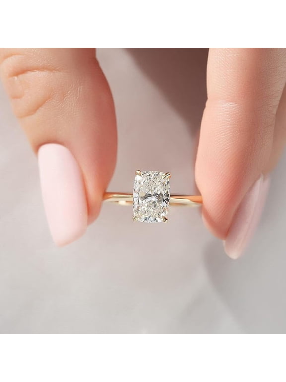 Elegant 14K Yellow Gold Vermeil Cushion Cut Ring, Moissanite Diamond Solitaire Engagement Ring for Women, Classic 4-Prong Wedding Promise Ring