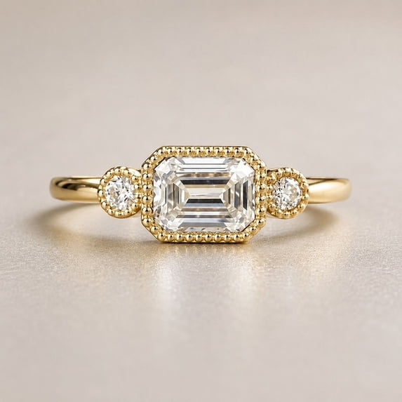 Diiro Emerald Cut Moissanite Diamond Promise Ring, Vintage Milgrain Bezel Halo Ring, 14K Vermeil Yellow Gold Bridal Ring, Bridal Ring