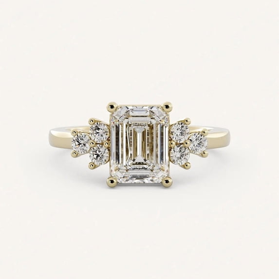 Diiro Emerald Cut Moissanite Engagement Ring for Women, Round Side Stone Promise Ring, Yellow Gold Solitaire Bridal Ring, Anniversary Wedding Ring Gift