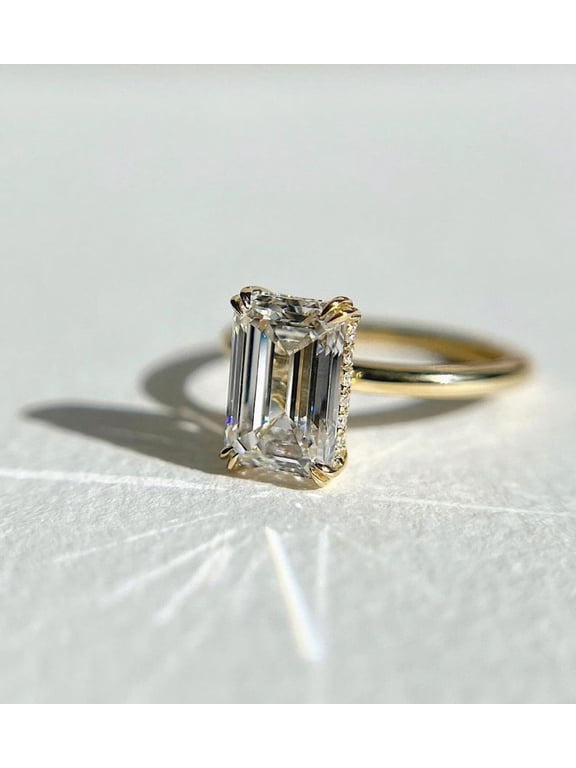 Emerald Cut Moissanite Engagement Ring for Women, 14K Gold Vermeil Solitaire Wedding Ring, Vintage Statement Bridal Ring, Elegant Promise Ring