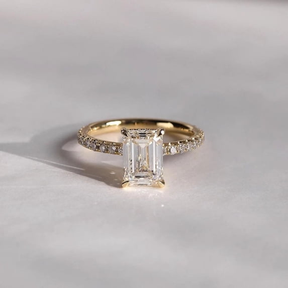 Diiro Emerald Cut Moissanite Engagement Ring for Women, Pave Diamond Accent Band, Elegant Bridal Wedding Ring, 10K Vermeil Yellow Gold