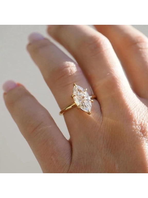 Marquise Cut Moissanite Diamond Engagement Ring in Vermeil Yellow Gold, Solitaire Setting, Anniversary Wedding Promise Ring, Bridal Ring